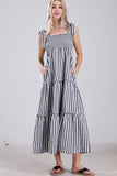 Chouyatou Women's 2024 Summer Boho Plaid Smocked Dress Spaghetti Strap Square Neck A Line Tiered Long Maxi Dress