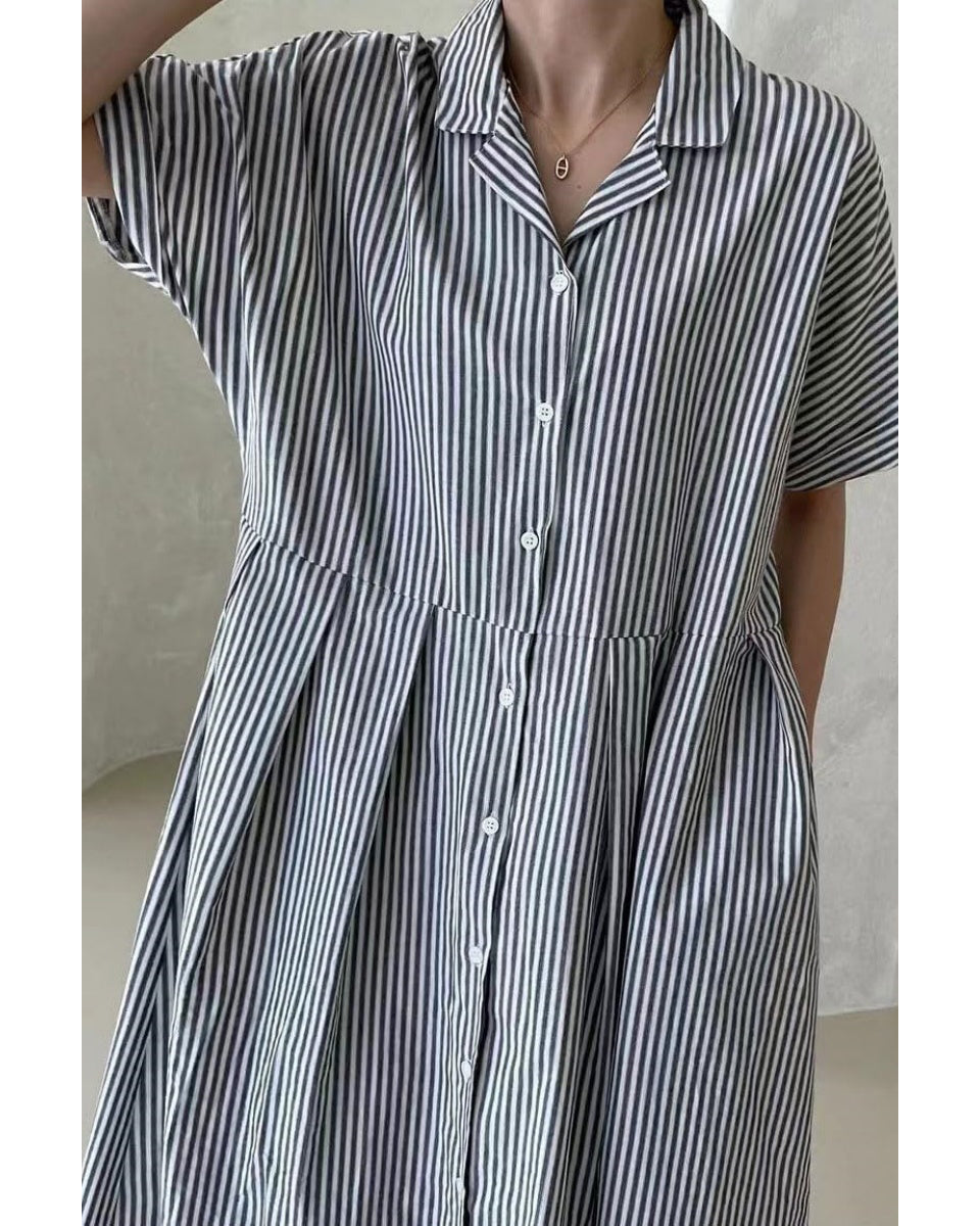 Chouyatou Women's Cotton Striped Shirt Dress Button Up Short Sleeve Midi Long Shift Dress with Pockets