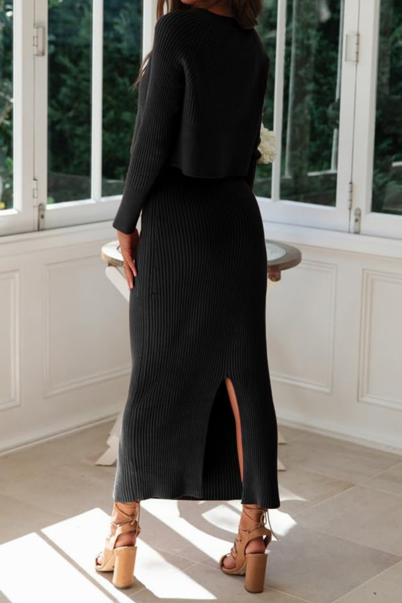 Chouyatou Women's Ribbed Sweater Sets Crop Top and Maxi Bodycon Skirt Sets 2 Piece Outfits
