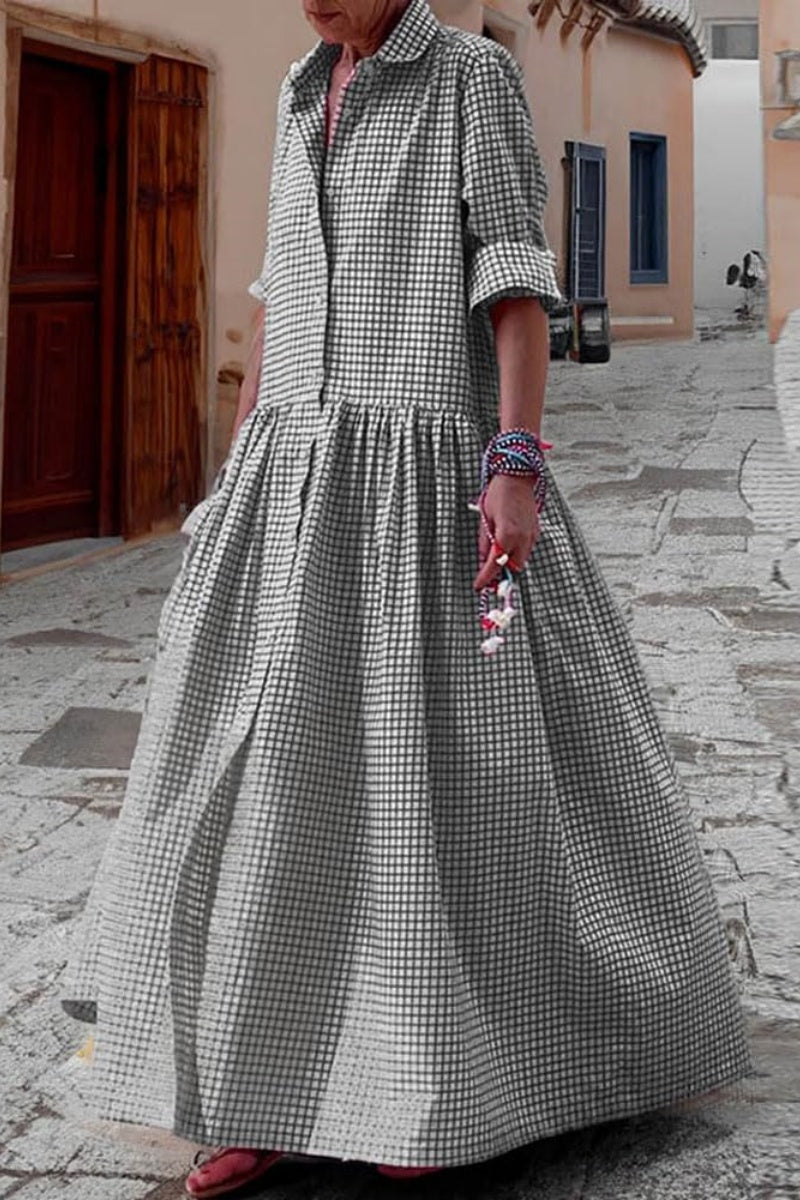 Chouyatou Women's Retro Plaid Button Down Maxi Shirt Dress Long Sleeve Button Up Gingham Swing Long Dress