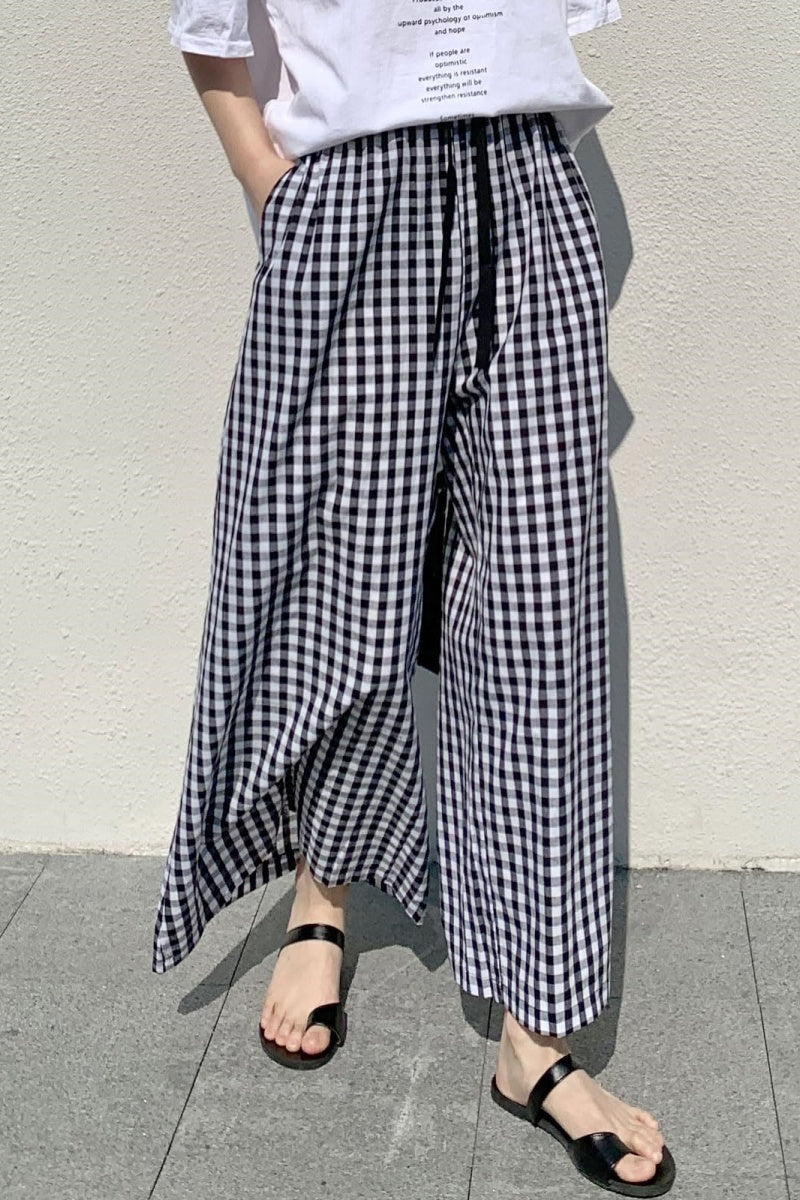 Chouyatou Women's Plaid Wide Leg Culotte Pants Gingham High Elastic Waisted Cropped Palazzo Pants with Pockets
