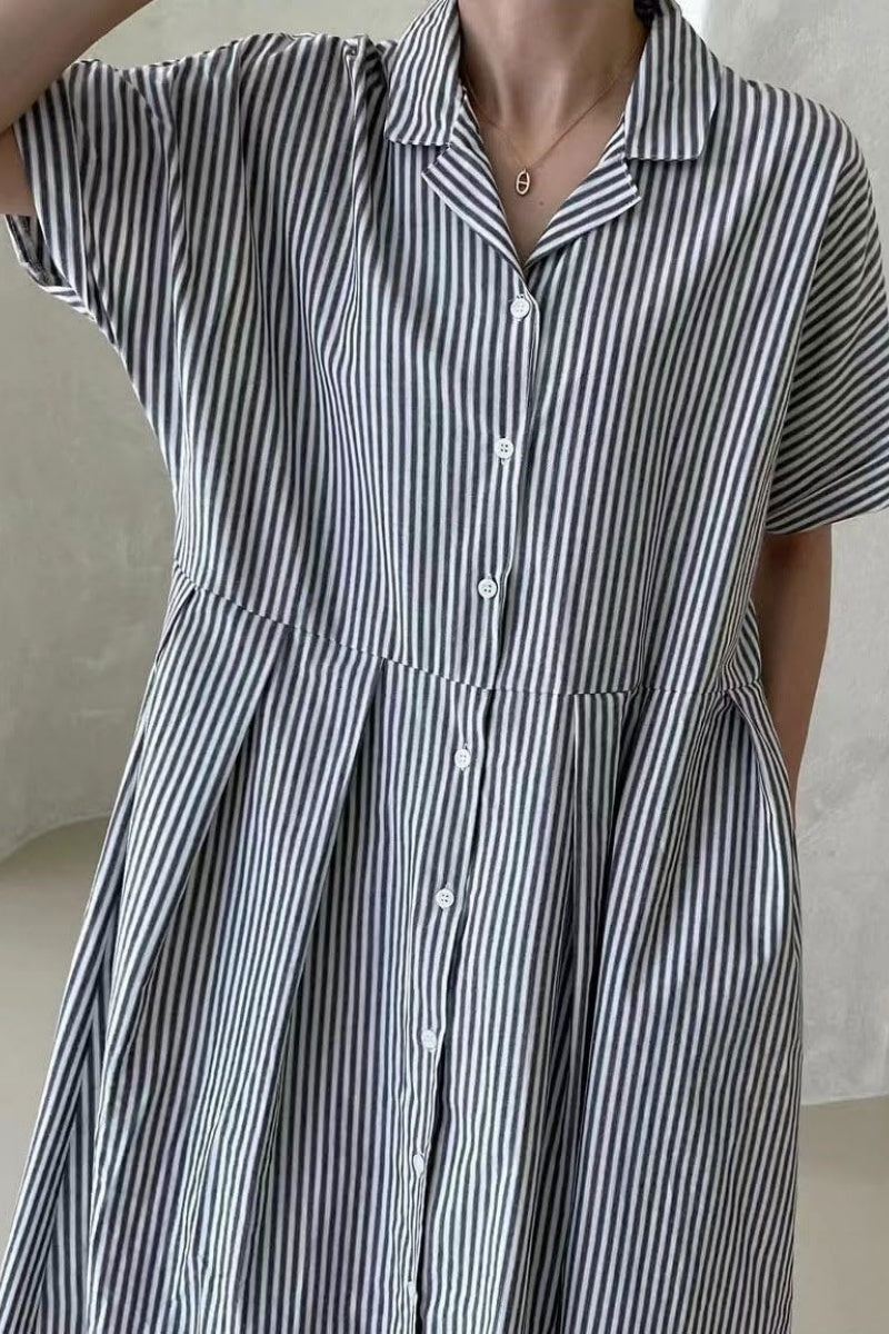 Chouyatou Women's Cotton Striped Shirt Dress Button Up Short Sleeve Midi Long Shift Dress with Pockets