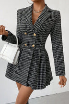 Chouyatou Women's Fall Plaid Tweed Dress Notched Lapel Double Breasted Elegant A Line Mini Jackie Dress