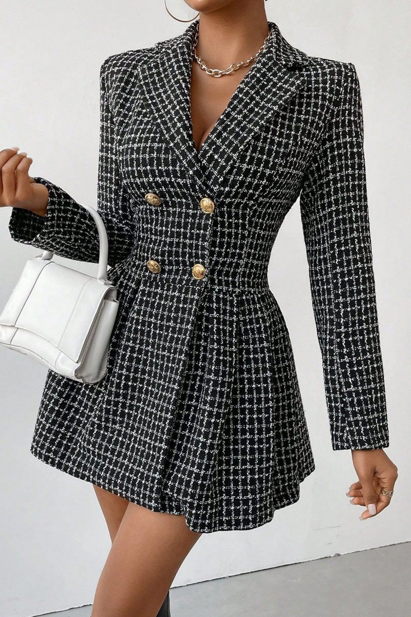 Chouyatou Women's Fall Plaid Tweed Dress Notched Lapel Double Breasted Elegant A Line Mini Jackie Dress