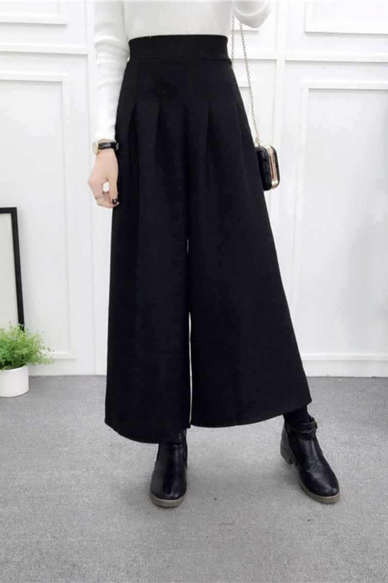 Chouyatou Women's Winter High Waist Wide Leg Plaid Wool Blend Palazzo Capri Pants Culottes with Pockets