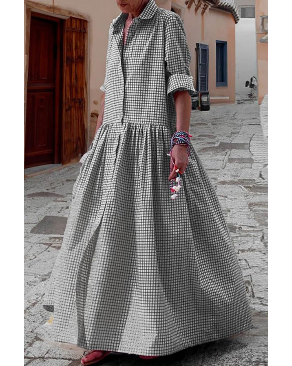 Chouyatou Women's Retro Plaid Button Down Maxi Shirt Dress Long Sleeve Button Up Gingham Swing Long Dress