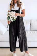 Chouyatou Women's Casual Adjustable Straps Denim Bib Overalls Distressed Ripped Wide Leg Jeans Long Pants Jumpsuits