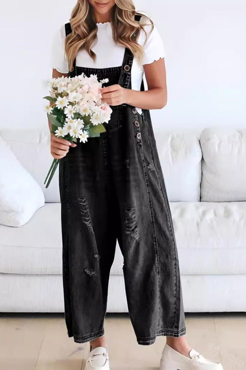 Chouyatou Women's Casual Adjustable Straps Denim Bib Overalls Distressed Ripped Wide Leg Jeans Long Pants Jumpsuits