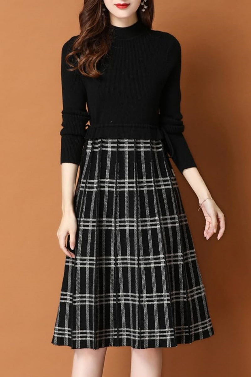 Chouyatou Women's Vintage Plaid Checkered Color Block A Line Pleated Knitted Sweater Midi Long Dress