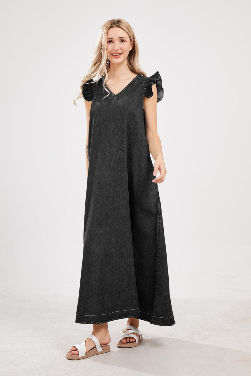 Chouyatou Womens Long Denim Dress Casual Loose Fit Ruffle Sleeveless V-Neck Jean Maxi Dresses for Women