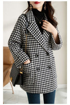 Chouyatou Womens Notched Lapel Pea Coat Double Breasted Blazer Jackets Houndstooth Woolen Blend Overcoat with Pockets