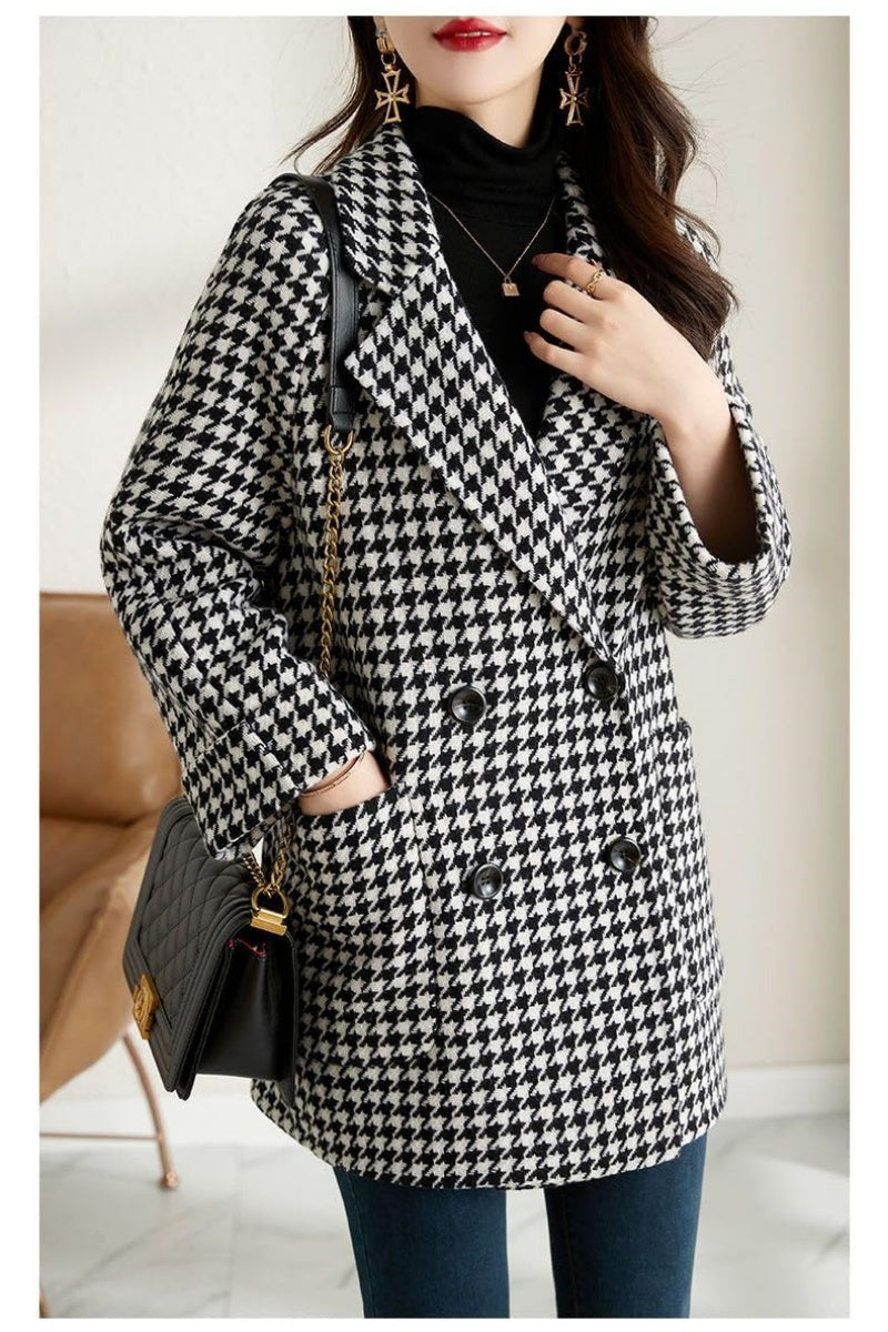 Chouyatou Womens Notched Lapel Pea Coat Double Breasted Blazer Jackets Houndstooth Woolen Blend Overcoat with Pockets