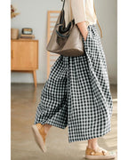 Chouyatou Women's Cotton Linen Pants Elastic Waist Plaid Gingham Wide Leg Capri Palazzo Pants