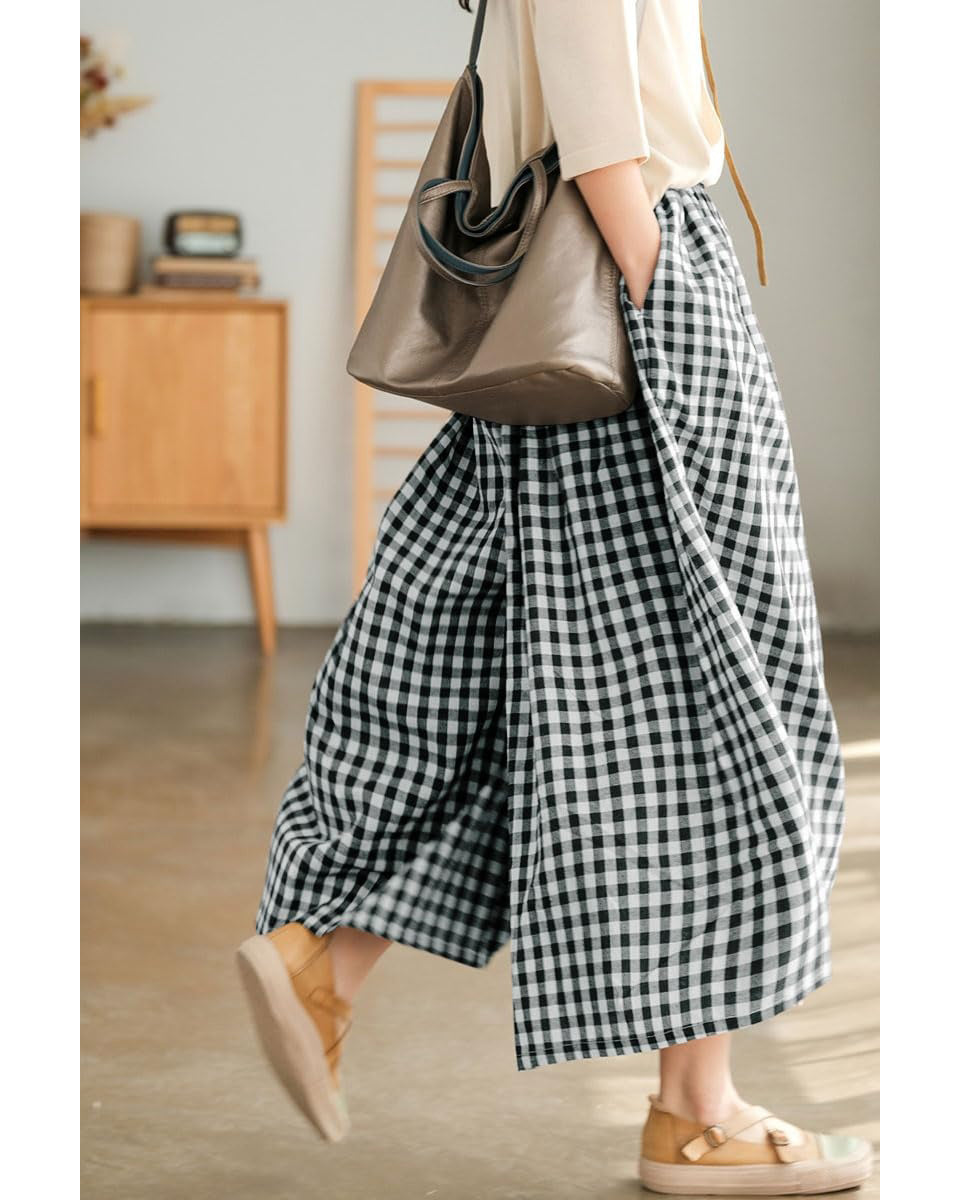 Chouyatou Women's Cotton Linen Pants Elastic Waist Plaid Gingham Wide Leg Capri Palazzo Pants