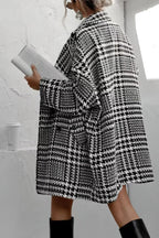 Chouyatou Women Winter Houndstooth Wool Blend Coat Notch Lapel Loose Warm Mid Long Double Breasted Peacoat