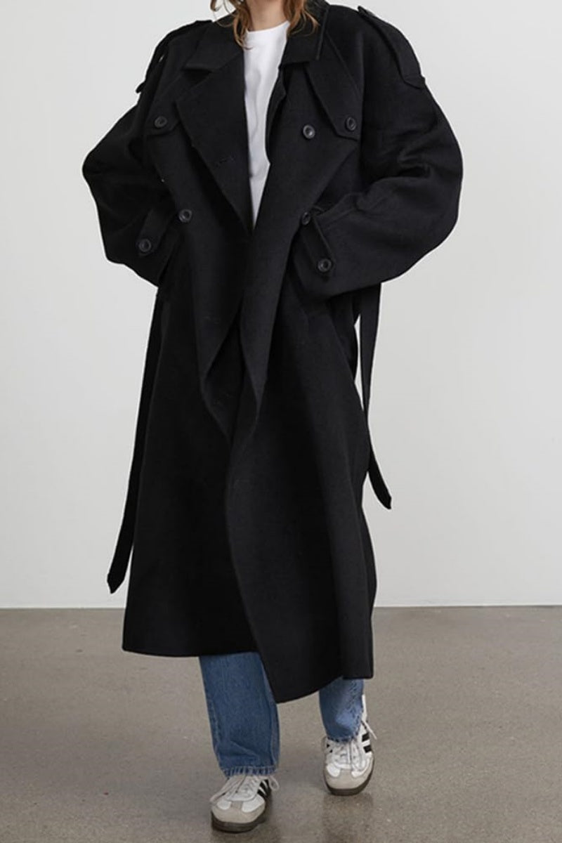 Chouyatou Women's Winter Double Breasted Wool Coat Long Sleeve Notch Lapel Midi Long Winter Trench Coat with Belt
