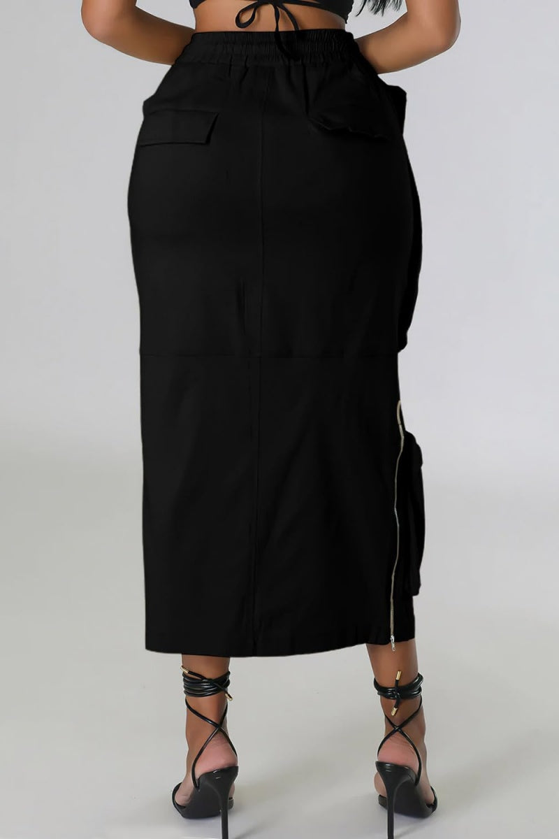 Chouyatou Women's Vintage 90s Drawstring Stretchy Zipper Muti-Pockets Pencil Long Cargo Skirt