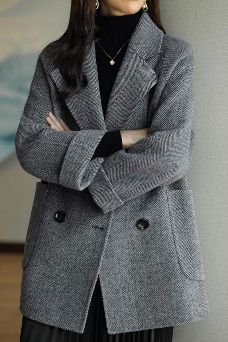 Chouyatou Women Wool Coat Peacoat Jacket Thick Loose Double Breasted Pea Coat Woolen Winter Overcoat