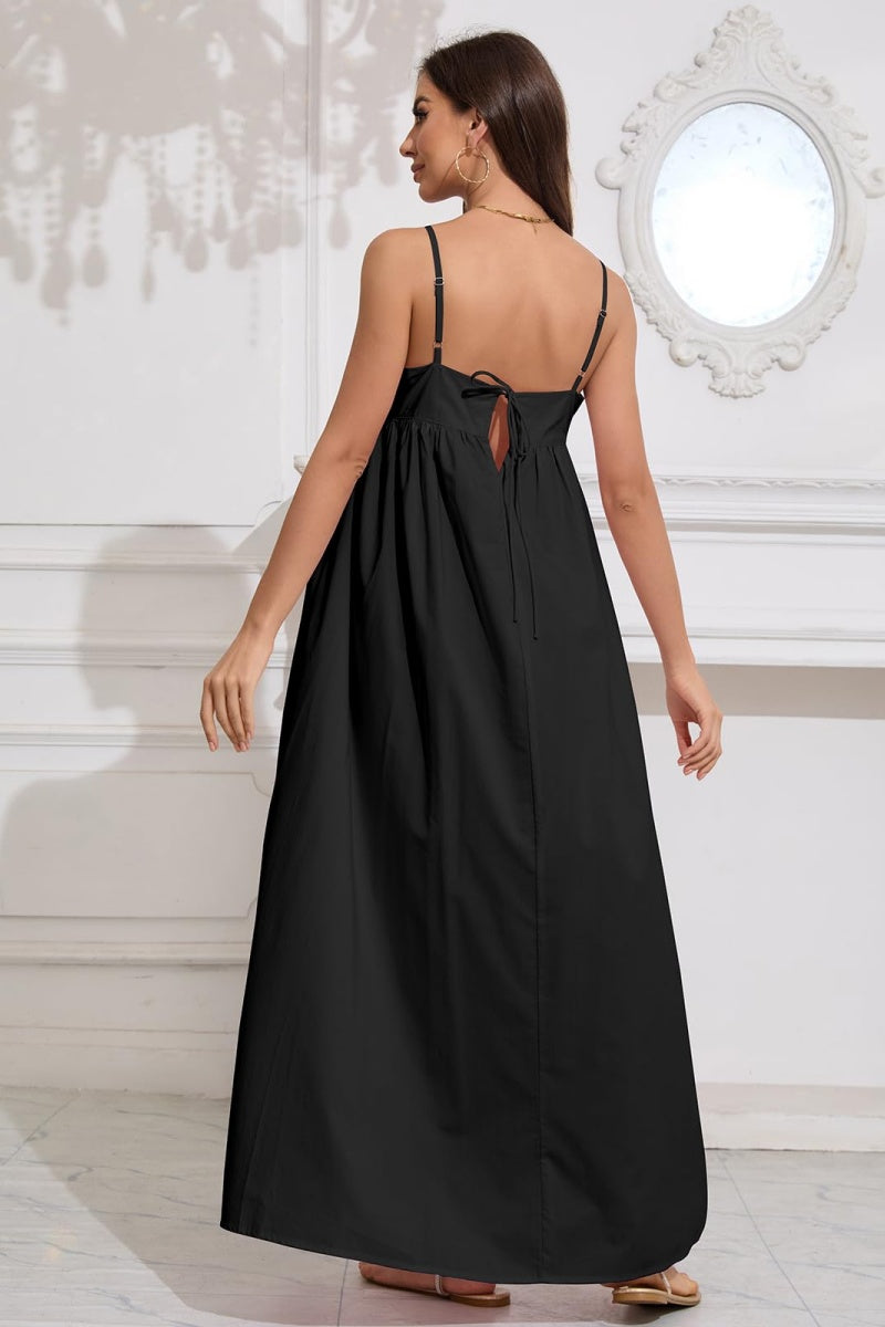 Chouyatou Women's Summer Backless Tied Spaghetti Straps Casual Loose Cutout Maxi Dress with Pockets