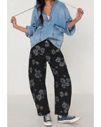 Chouyatou Women Y2k Distressed Barrel Jeans Baggy Wide Leg Jeans Floral Printed Boyfriend Patchwork Denim Pants