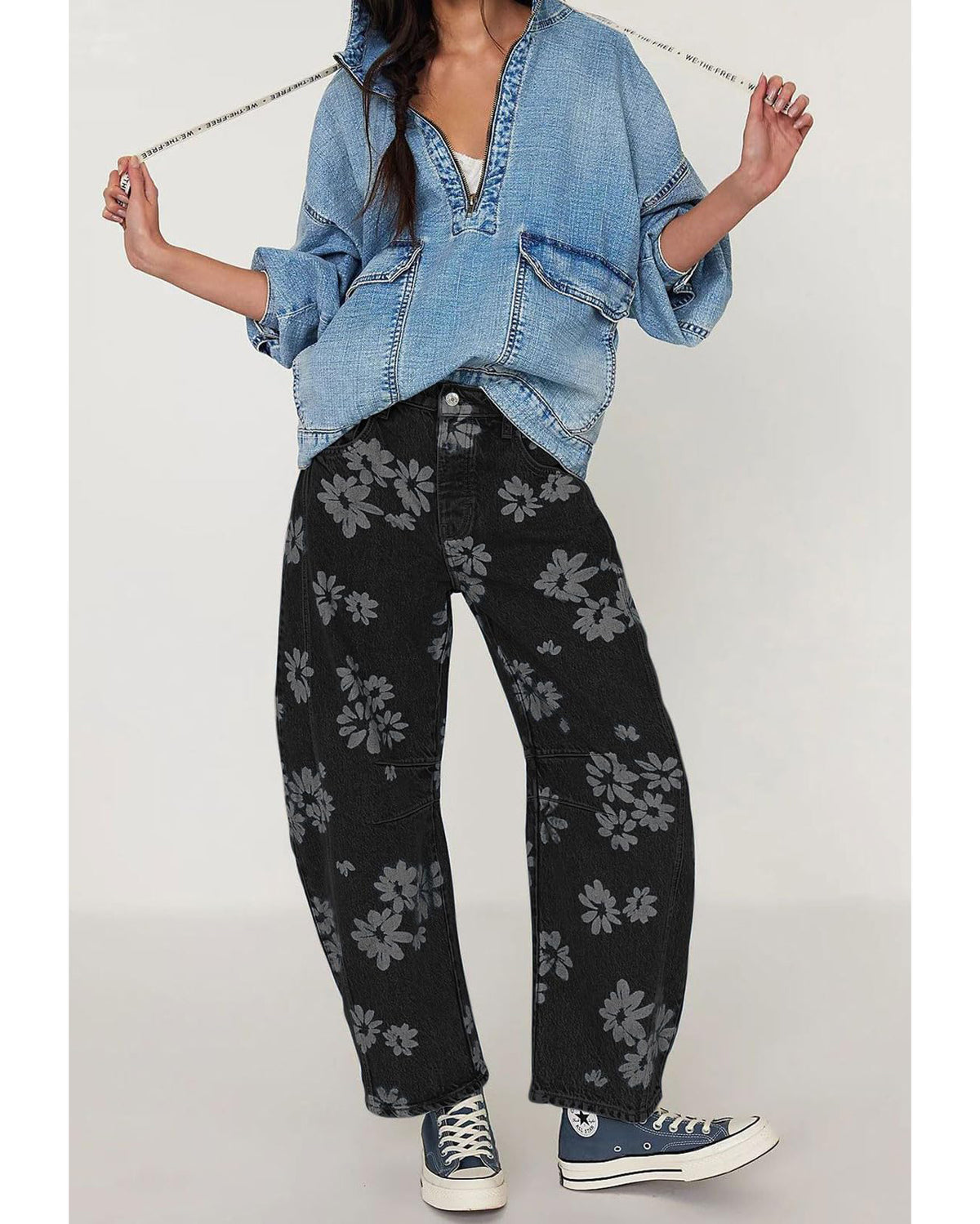 Chouyatou Women Y2k Distressed Barrel Jeans Baggy Wide Leg Jeans Floral Printed Boyfriend Patchwork Denim Pants