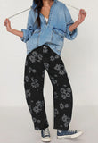 Chouyatou Women Y2k Distressed Barrel Jeans Baggy Wide Leg Jeans Floral Printed Boyfriend Patchwork Denim Pants