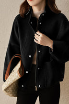 Chouyatou Women's Casual Stand Collar Single Breasted Short Wool Pea Coat Overcoat with Pockets