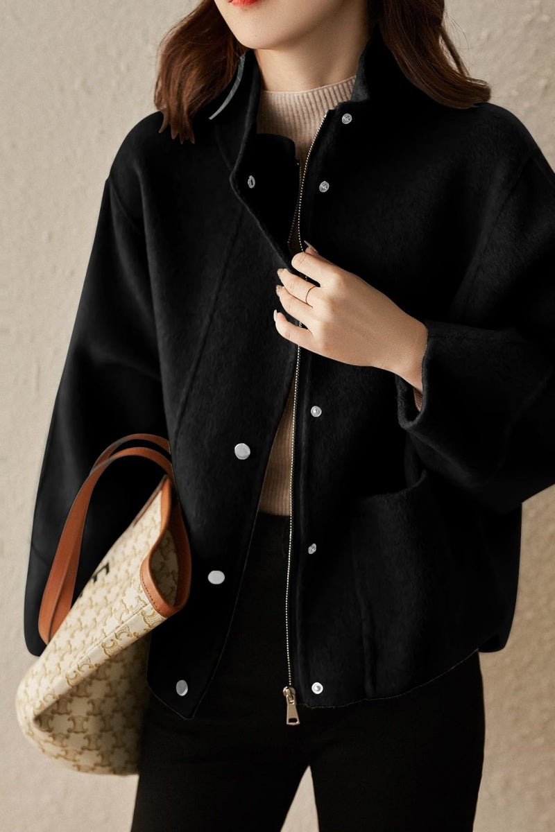 Chouyatou Women's Casual Stand Collar Single Breasted Short Wool Pea Coat Overcoat with Pockets