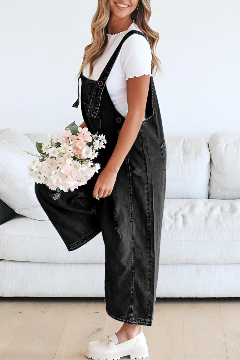 Chouyatou Women's Casual Adjustable Straps Denim Bib Overalls Distressed Ripped Wide Leg Jeans Long Pants Jumpsuits