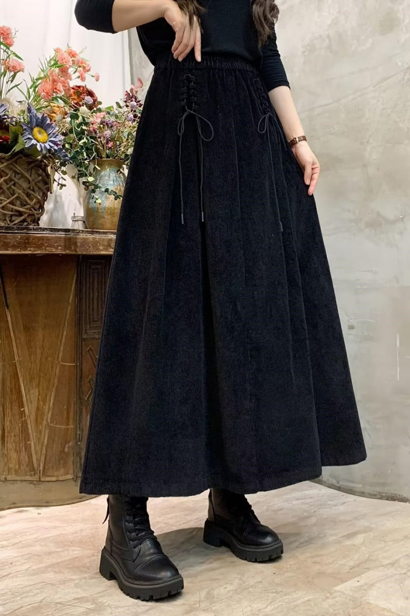Chouyatou Women's Corduroy Maxi Skirt Elastic High Waist Drawstring Tie Front A-Line Pleated Long Skirt with Pockets