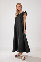 Chouyatou Womens Long Denim Dress Casual Loose Fit Ruffle Sleeveless V-Neck Jean Maxi Dresses for Women