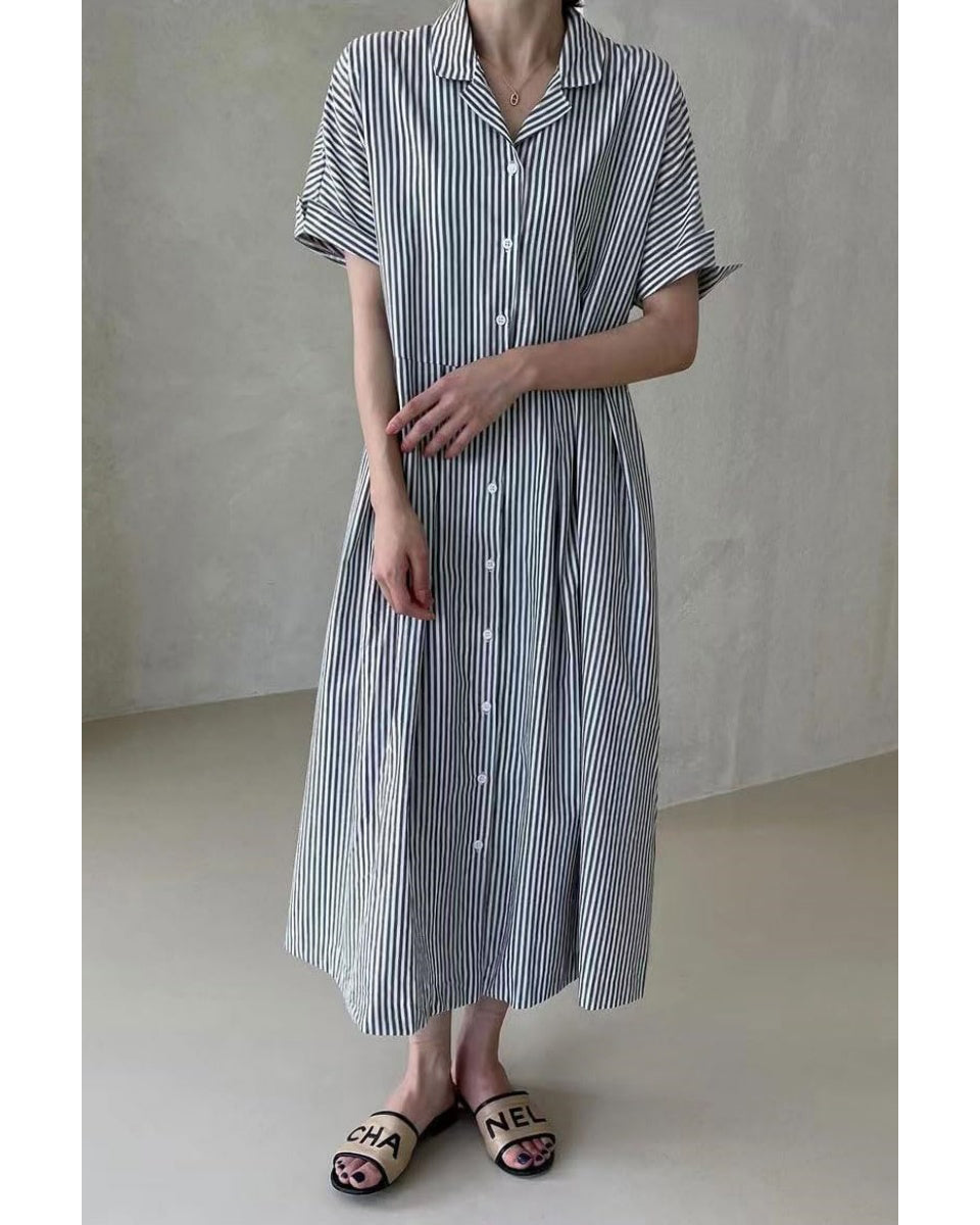 Chouyatou Women's Cotton Striped Shirt Dress Button Up Short Sleeve Midi Long Shift Dress with Pockets