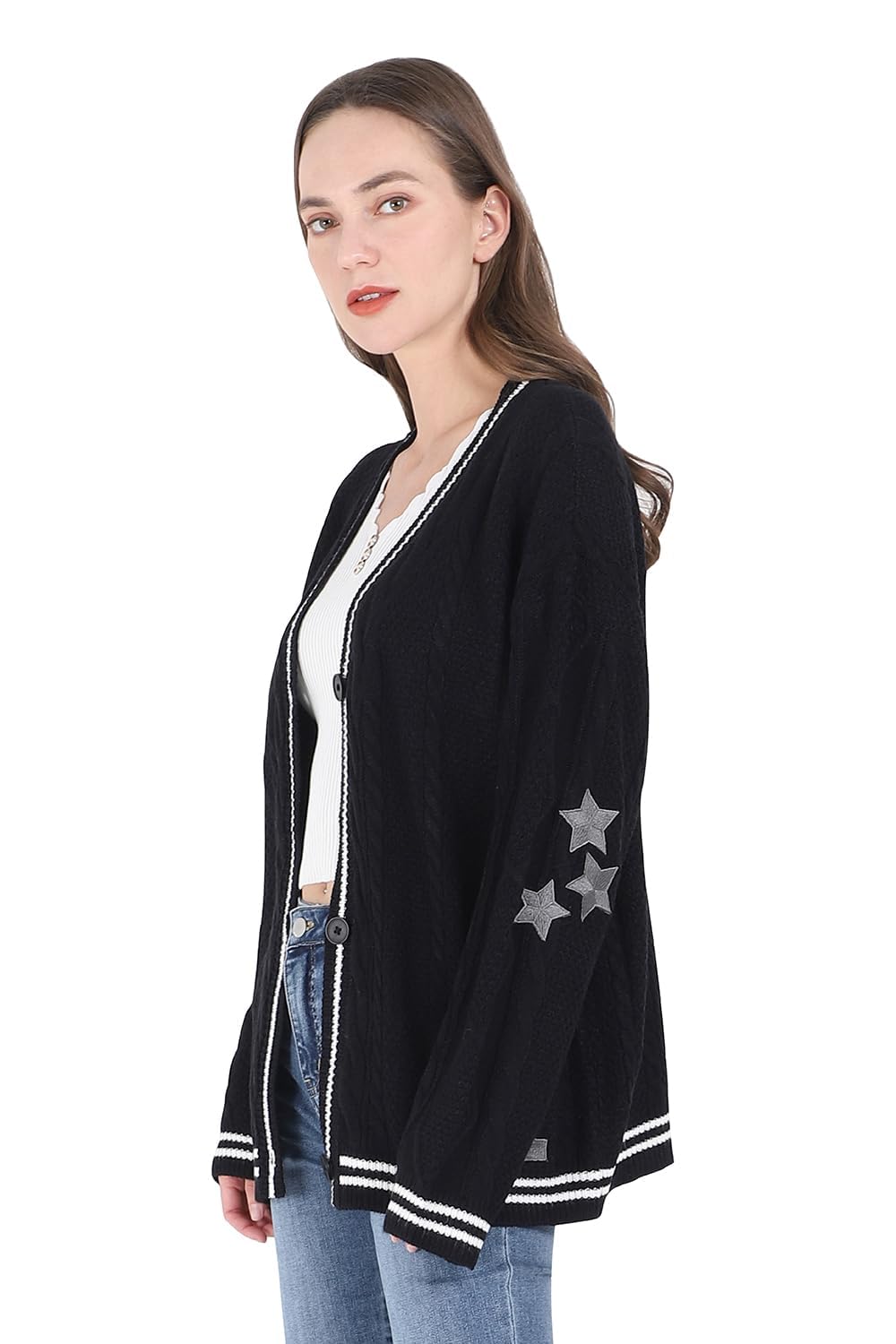 Chouyatou Women's Open Front Stars Embroideried Cable Knit Cardigans Button Down Sweater Outwear