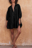 Chouyatou Women's Summer Puff Sleeve Tiered Tunic Babydoll Dress Cute Mini Button Down Shirt Dress