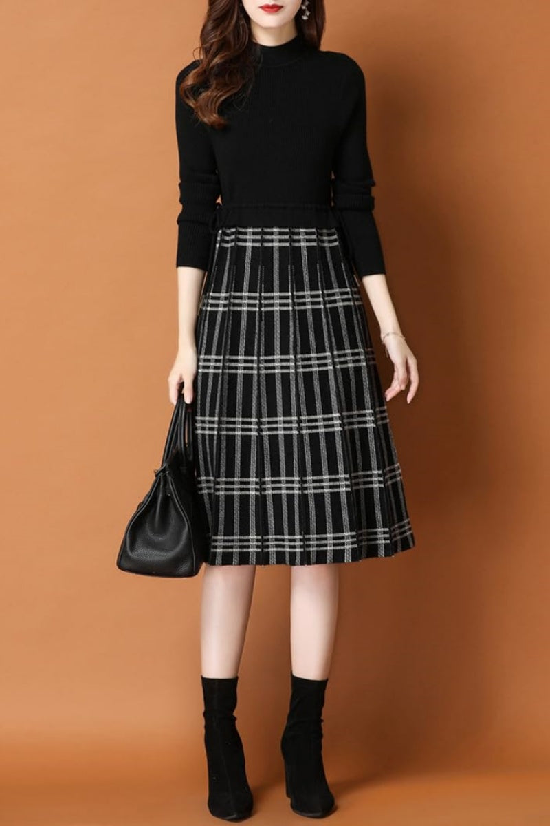 Chouyatou Women's Vintage Plaid Checkered Color Block A Line Pleated Knitted Sweater Midi Long Dress