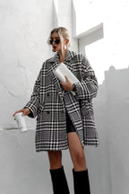 Chouyatou Women Winter Houndstooth Wool Blend Coat Notch Lapel Loose Warm Mid Long Double Breasted Peacoat