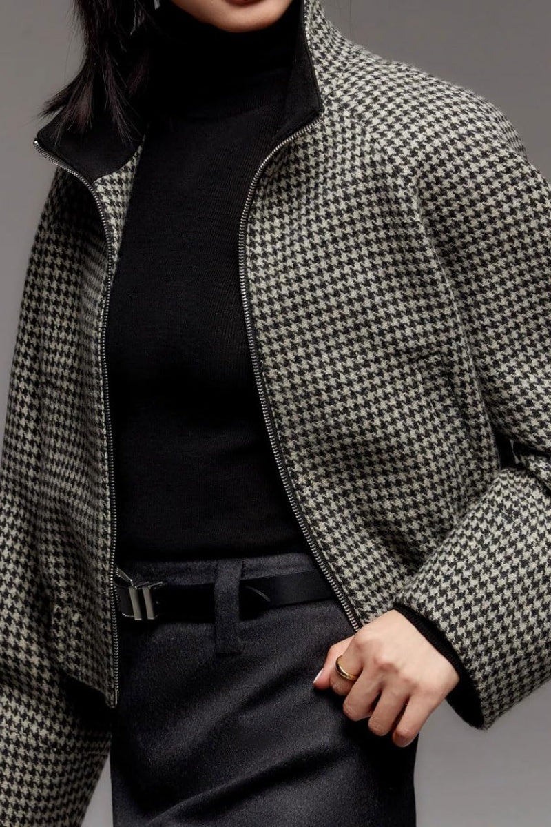Chouyatou Women Cropped Wool Jacket Houndstooth Plaid Fall Winter Peacoat Outwear