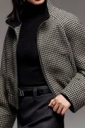 Chouyatou Women Cropped Wool Jacket Houndstooth Plaid Fall Winter Peacoat Outwear