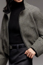 Chouyatou Women Cropped Wool Jacket Houndstooth Plaid Fall Winter Peacoat Outwear