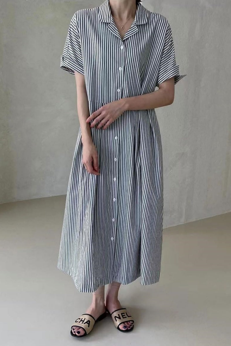 Chouyatou Women's Cotton Striped Shirt Dress Button Up Short Sleeve Midi Long Shift Dress with Pockets