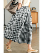 Chouyatou Women's Cotton Linen Pants Elastic Waist Plaid Gingham Wide Leg Capri Palazzo Pants