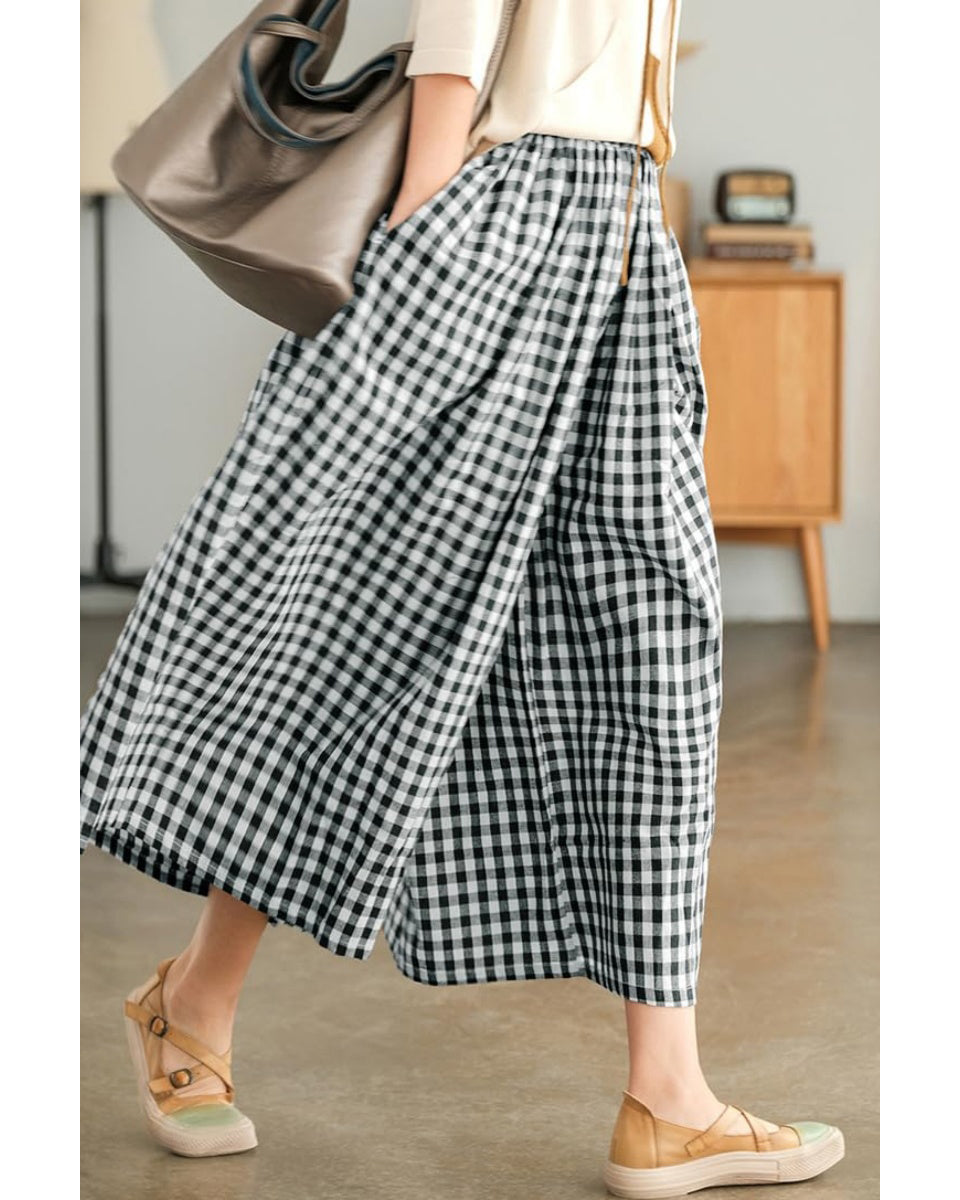 Chouyatou Women's Cotton Linen Pants Elastic Waist Plaid Gingham Wide Leg Capri Palazzo Pants