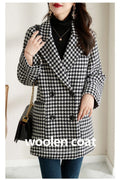 Chouyatou Womens Notched Lapel Pea Coat Double Breasted Blazer Jackets Houndstooth Woolen Blend Overcoat with Pockets