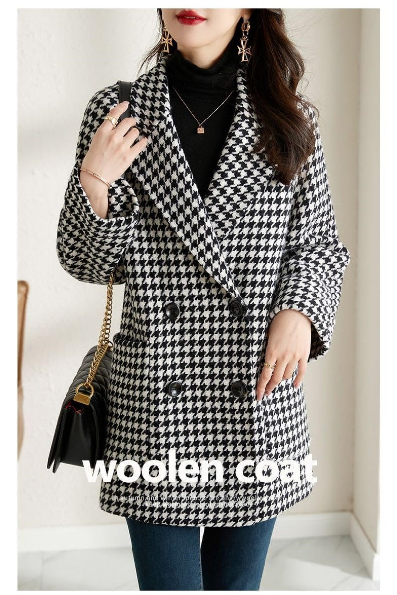 Chouyatou Womens Notched Lapel Pea Coat Double Breasted Blazer Jackets Houndstooth Woolen Blend Overcoat with Pockets