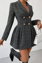 Chouyatou Women's Fall Plaid Tweed Dress Notched Lapel Double Breasted Elegant A Line Mini Jackie Dress