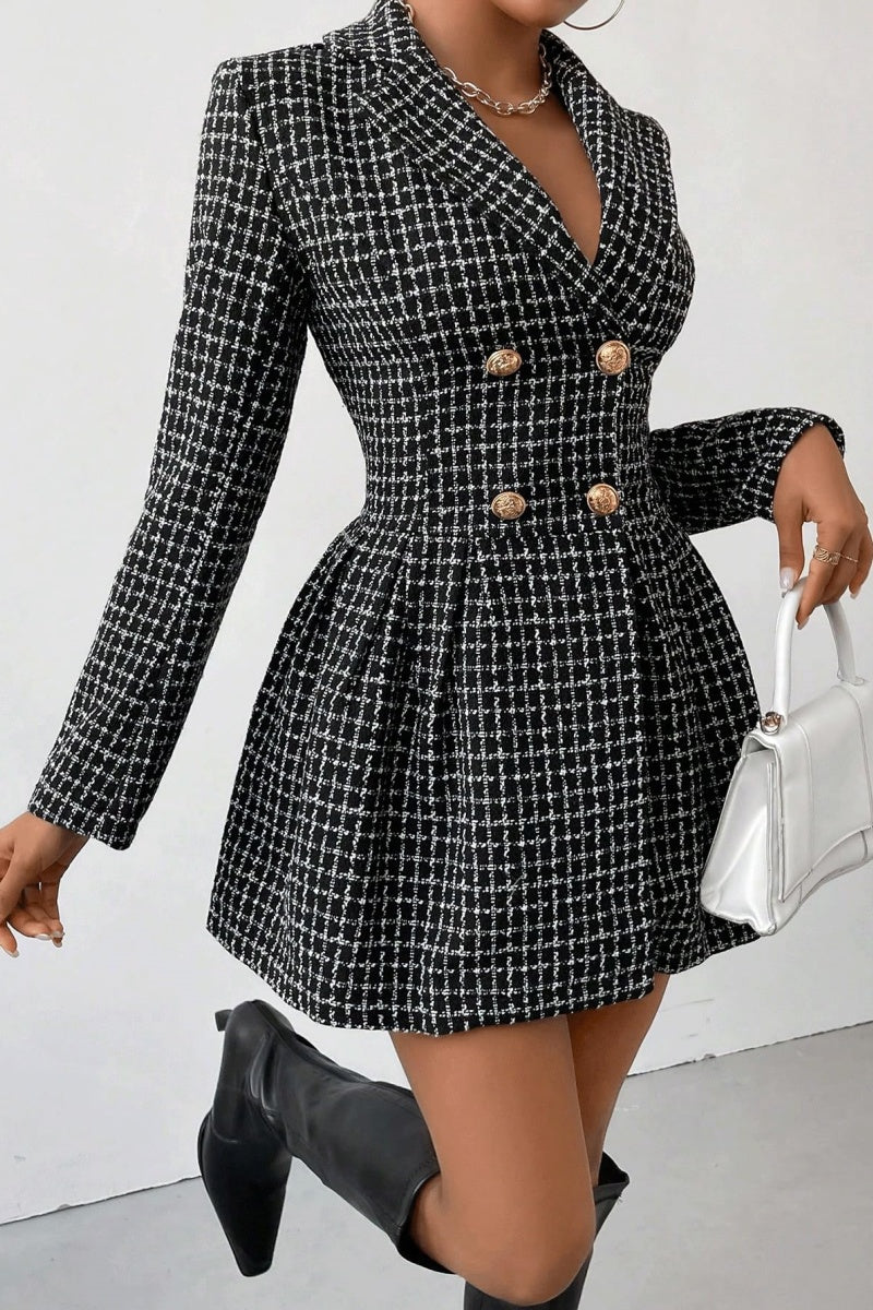 Chouyatou Women's Fall Plaid Tweed Dress Notched Lapel Double Breasted Elegant A Line Mini Jackie Dress