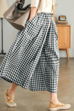 Chouyatou Women's Cotton Linen Pants Elastic Waist Plaid Gingham Wide Leg Capri Palazzo Pants