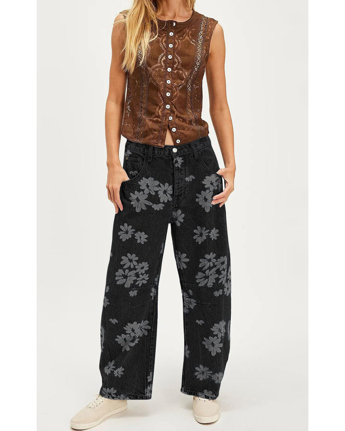 Chouyatou Women Y2k Distressed Barrel Jeans Baggy Wide Leg Jeans Floral Printed Boyfriend Patchwork Denim Pants