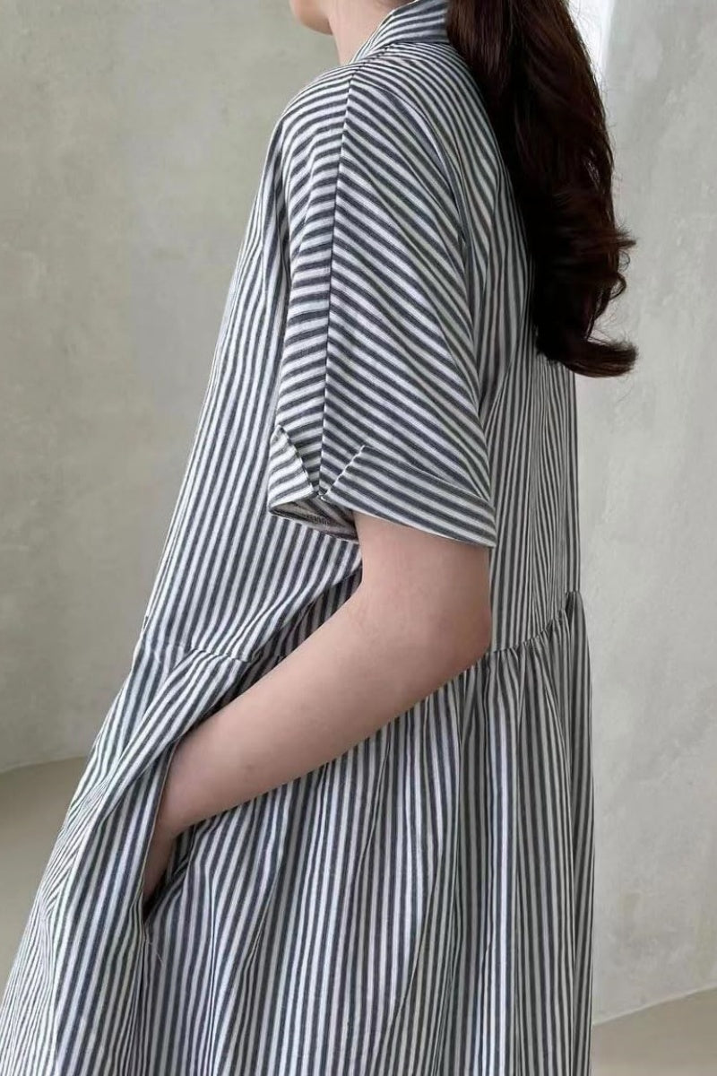 Chouyatou Women's Cotton Striped Shirt Dress Button Up Short Sleeve Midi Long Shift Dress with Pockets