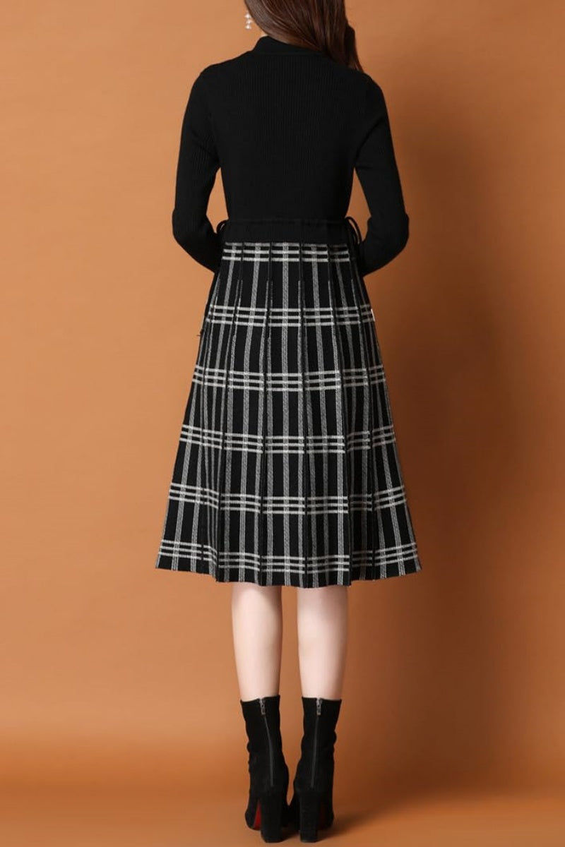 Chouyatou Women's Vintage Plaid Checkered Color Block A Line Pleated Knitted Sweater Midi Long Dress